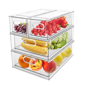 4 Pack Refrigerator Organizer Bins with Pull-out Drawer Stackable Clear Fridge Drawer Organizer Fruit Vegetable Storage Containers for Kitchen Pantry Organization (1 Large+1 Tall+2 Small)