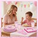168 PCS Pink Cartoon Happy Birthday Party Decorations Set - Pink Cartoon Theme Plates Napkins Disposable Paper Cups Tableware Set Birthday Party Supplies for Boys Girls
