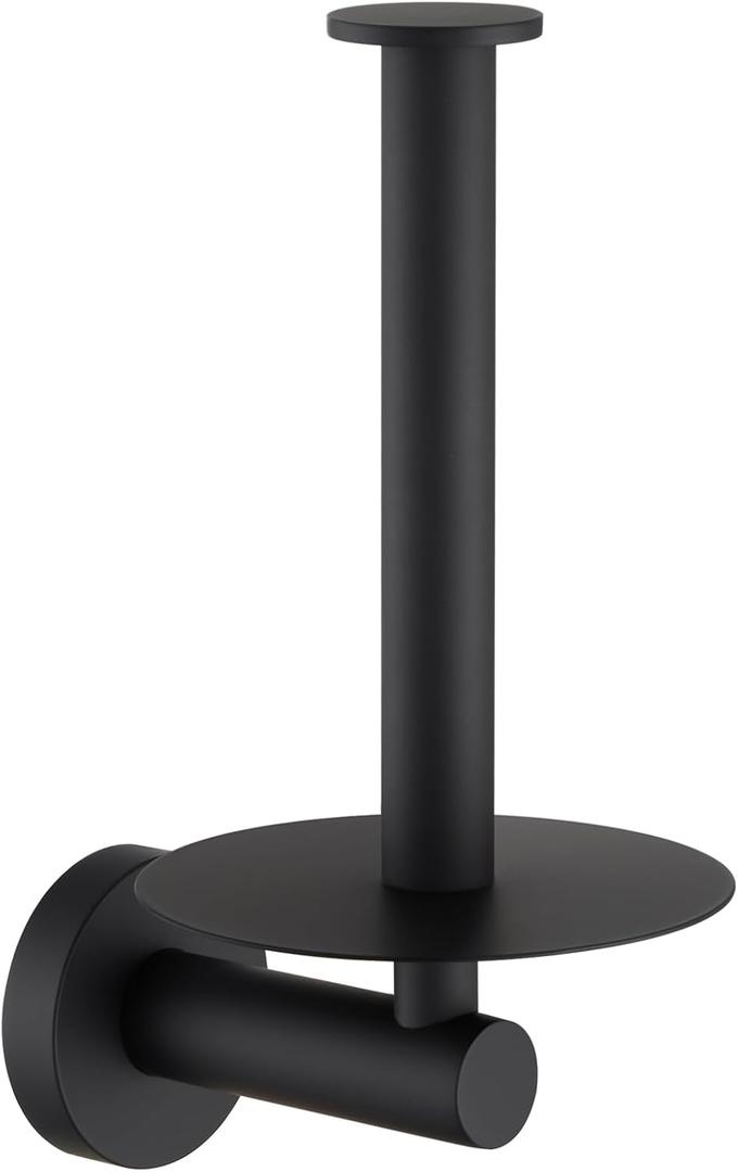 Vertical Tray Toilet Paper Holder, Aomasi 304 Stainless Steel Tissue Roll Hanger with Round Plate, Matte Black Bathroom Kitchen Paper Roll Dispenser Wall Mounted