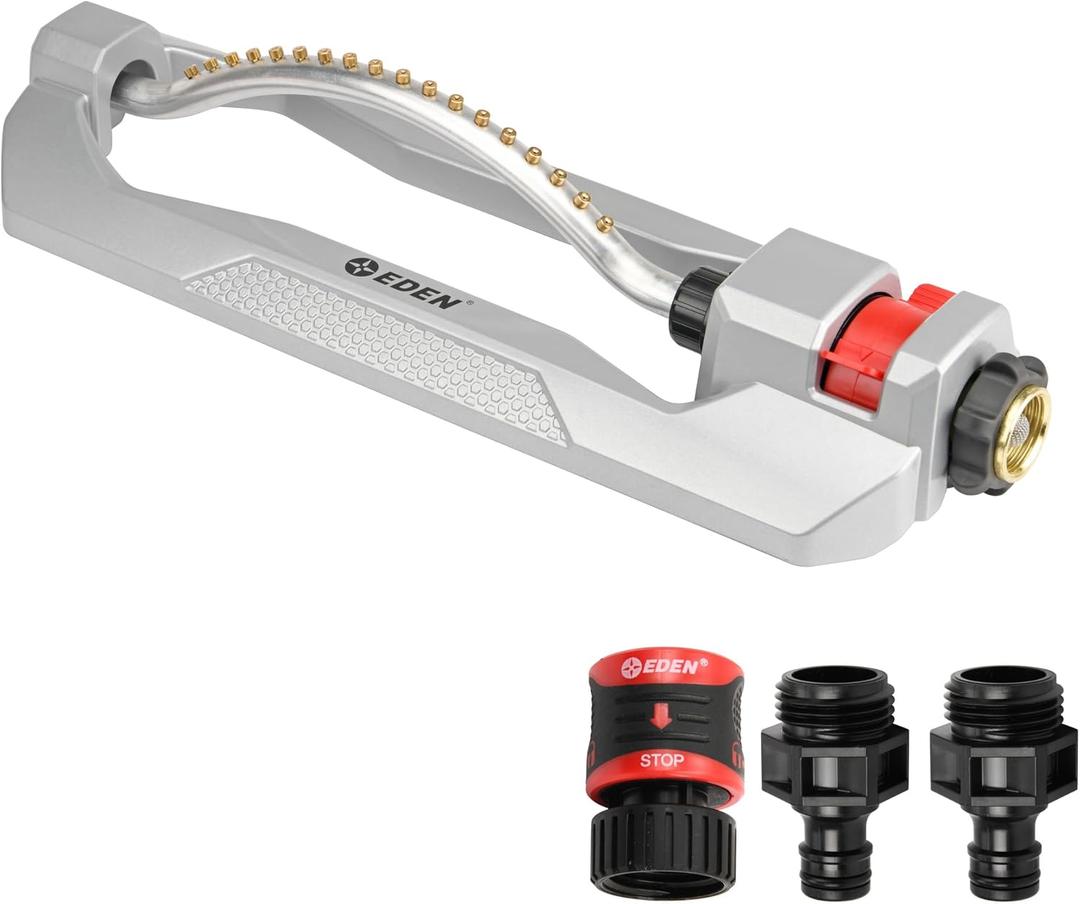 Eden 96218 Heavy Duty Turbo Oscillating Sprinkler, Covers Up to 3,700 sq. ft., 18 Brass Nozzles, Weighted Aluminum Base, Adjustable Range, Quick Connect Bundle, Silver, Red, Black Eden 96218 Heavy Duty Turbo Oscillating Sprinkler, Covers Up to 3,700 sq. ft., 18 Brass Nozzles, Weighted Aluminum Base, Adjustable Range, Quick Connect Bundle, Silver, Red, Black