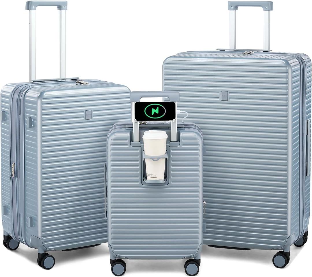 Hard Shell Suitcases Expandable Travel Luggage Sets 3 Piece, Carry on and Check in 3 Piece Luggage Suitcase Sets with Spinner Wheels Cup Holder Charger Built in (Silver, 20/24/28), only one piece 24