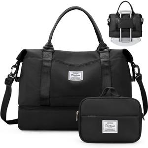 Weekender Bags for Women,Personal Item Travel Bag with Shoes Compartment,Overnight Travel Duffel Bag with Toiletry Bag (Large, Wr-Black with Laptop Pocket)
