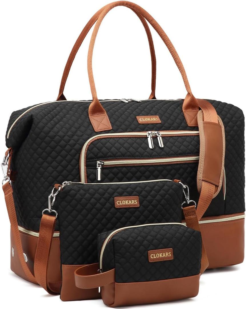 Weekender Bags for Women, Travel Duffle Bag Carry On Overnight Bag with Cosmetics Bag and Crossbody Purse for Gym Hospital, Gifts for Women, Black Brown (Medium)