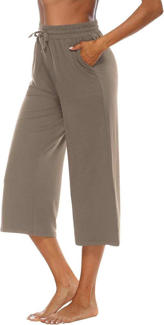 OYANUS Capris for Women Casual Summer Loose Comfy Drawstring Wide Leg Capri Pants with Pockets (Medium, Lightkhaki)