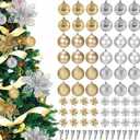 Soaoo 60 Pcs Gold Silver Christmas Tree Ornaments Set, 36 Pcs 2.36" Shatterproof Christmas Balls Decorations, 24 Pack 6.3" Glitter Poinsettia Artificial Flowers Decor Xmas Hanging Ornaments