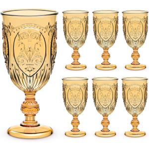 6 Pcs Plastic Goblets 7.5oz Vintage Goblet Plastic Glasses Colored Retro Embossed Water Goblets for Bar Juice Baby Shower Wedding Reception Grand Event Party (Amber)