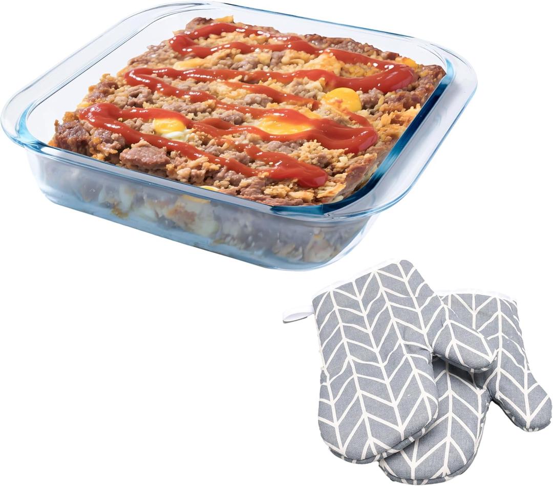 Glass Baking Dish - 2.4Qt Square 9x9 Baking Pan - Baking Pan With Oven Mitts - Glass Baking Dishes For Oven
