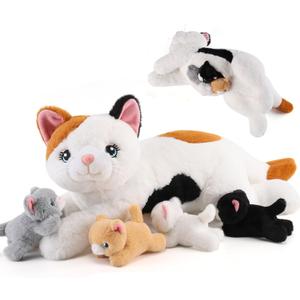 5 Piece Cat Stuffed Animal Set - Mommy Cat with 4 Kittens - Plush Kitty Toys for Kids Age 3-8, Perfect for Gifts (White)