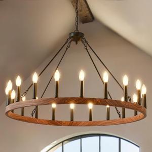 Wagon Wheel Chandelier 40 with Wood Grain Finish, 20-Light Farmhouse Wagon Wheel Chandelier for Dining Room, Modern Round Iron Candle Chandeliers Light for Living Room, Foyer, Entryway, E12
