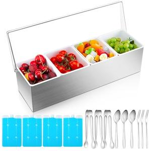 Mifoci Stainless Steel Condiment Dispenser with Lid and Bottom Ice Chilled Condiment Server with 3 Serving Tongs 3 Fruit Fork 3 Spoons 4 Ice Boxes for Bar and Party(4 Slot)
