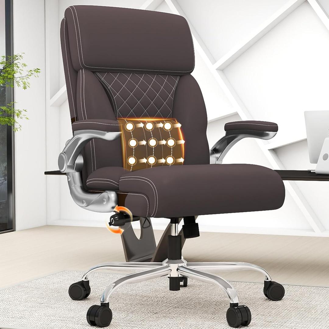 Big & Tall Ergonomic Leather Office Desk Chair with Lumbar Support | Flip-Up Armrests, 360 Swivel, Rocking Function, High Back Computer Chair, Premium Leather Coffee