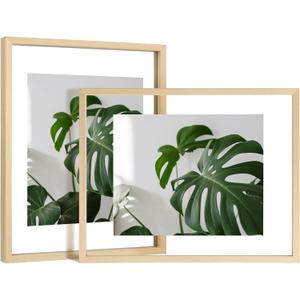 Egofine 11x14 Floating Frames Set of 2, Double Plexiglass Picture Frame, Made of Solid Wood Display Any Size Photo up to 11x14, Wall Mount or Tabletop Standing, Natural Wood