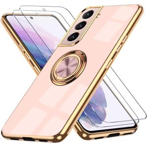 for Samsung Galaxy S21 Plus 5G Case, with 2 Screen Protector, Built-in 360 Ring Holder Magnetic Stand, Luxury Electroplated Plating Edge Shockproof Protective Phone Cover, Rose Gold