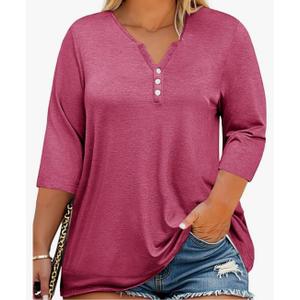 DOLNINE Womens-Plus-Size-Tops Trendy Henley Button Shirts Casual V Neck Long Sleeve Tunic Sweatshirts 2XL