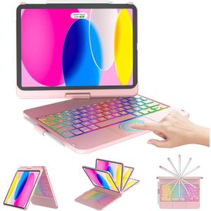 CC Store for iPad (A16) 11th 10th Generation Case with Keyboard - 7 Color Backlit 360 Swivel Multi-Touch Track Pencil Holde for iPad 11-inch A16 2025 10th Gen 10.9 Inch 2022(Rose Gold)