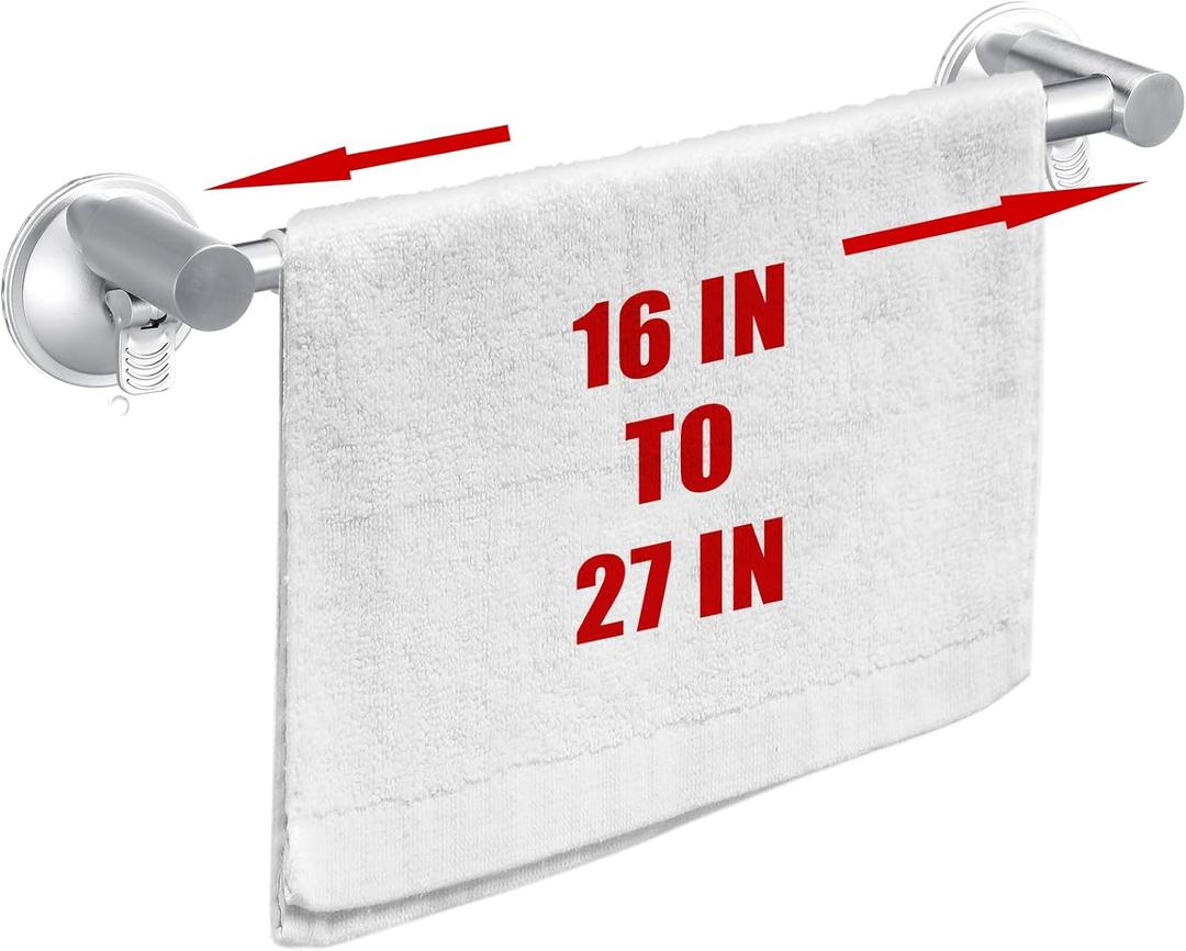 Adjustable 16-27" Suction Cup Towel Bar Extendable Suction Cup Towel Rack Holder Bathroom Stainless Steel for Glass Shower Door(Silver)