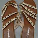 OYOANGLE Women's Studded Strappy Leather Slide Sandals Square Open Toe Slip on Flat Sandal (8, Beige)