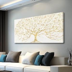 Big Gold Tree Wall Prints Framed Canvas Picture Neutral Wall Decor 29"x58" White and Gold Abstract Wall Art for Living Room Bedroom Dining Room