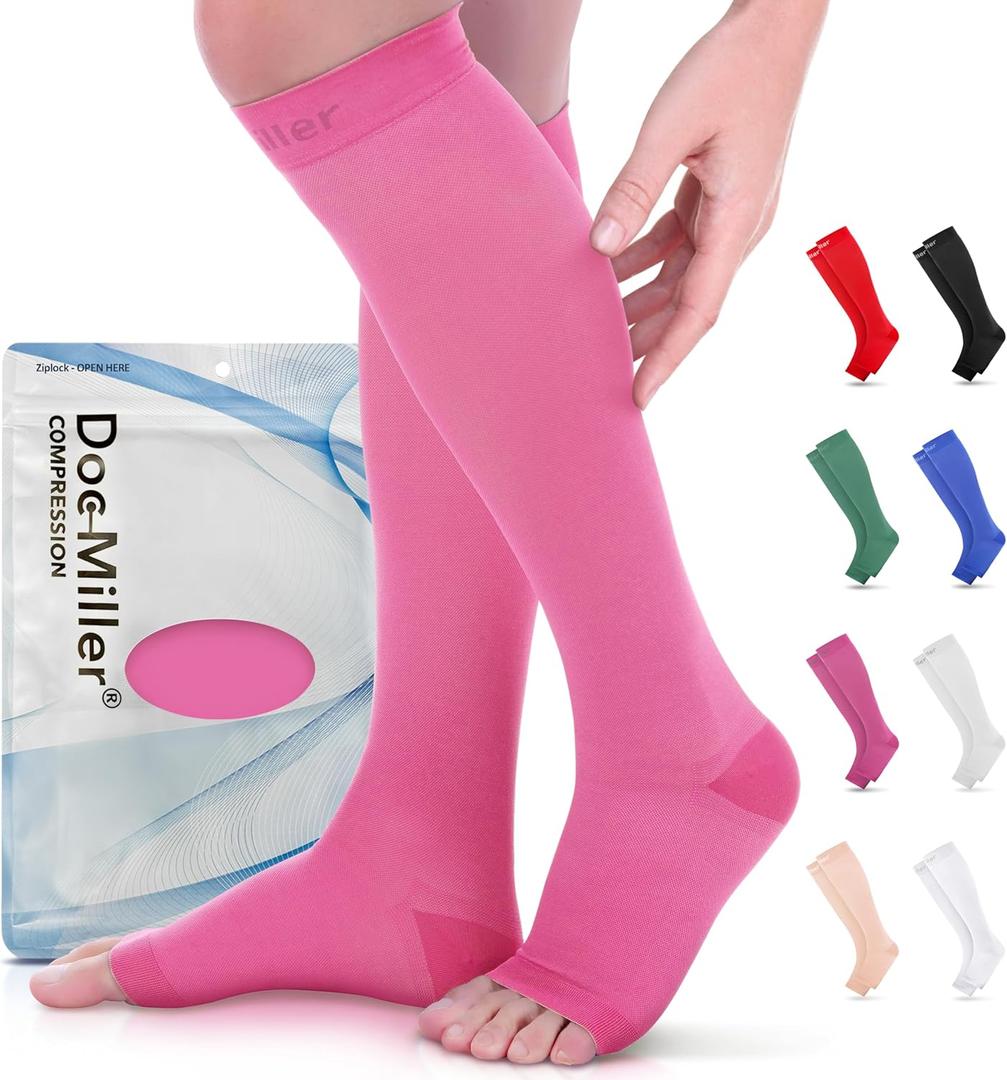 Doc Miller Open Toe Compression Socks for Women & Men 1520 mmHg, Knee High Calf Support Sleeves, Graduated Stockings for Swelling Recovery, Circulation, 1 Pair (X-Large Regular, Pink)