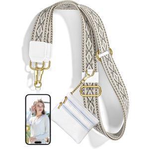 Nipichsha Crossbody Phone Strap with Wallet, Clip and Go Strap for Phone with Wallet, Adjustable Crossbody Cell Belt with Zippered Pouch, Neck Shoulder Cell Lanyard for Women, Retro Geometry