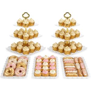 NWK 5 Piece Cake Stand Set with 2 x Large 3-Tier Cupcake Stands, 3 x Appetizer Trays, for Wedding Birthday Baby Shower Tea Party Decorations (Gold)
