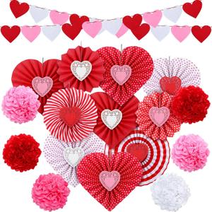 Tinlade Pack of 28 Valentines and Galentines Day Party Decorations Kit Heart Hanging Paper Fans Banner Red Pink Pom Poms for Valentines Day Wedding Anniversary Bridal Shower Party Photo Backdrops