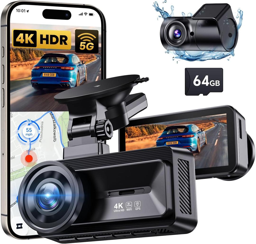 COOLCRAZY Dash Cam Front Rear: 4K+1080P Full HD Dashcam Free 64GB Card, with 5G WiFi GPS, Dual Dash Camera for Cars with 3" IPS Screen, Night Vision, HDR, App Control, 24H Parking Mode, Loop Record