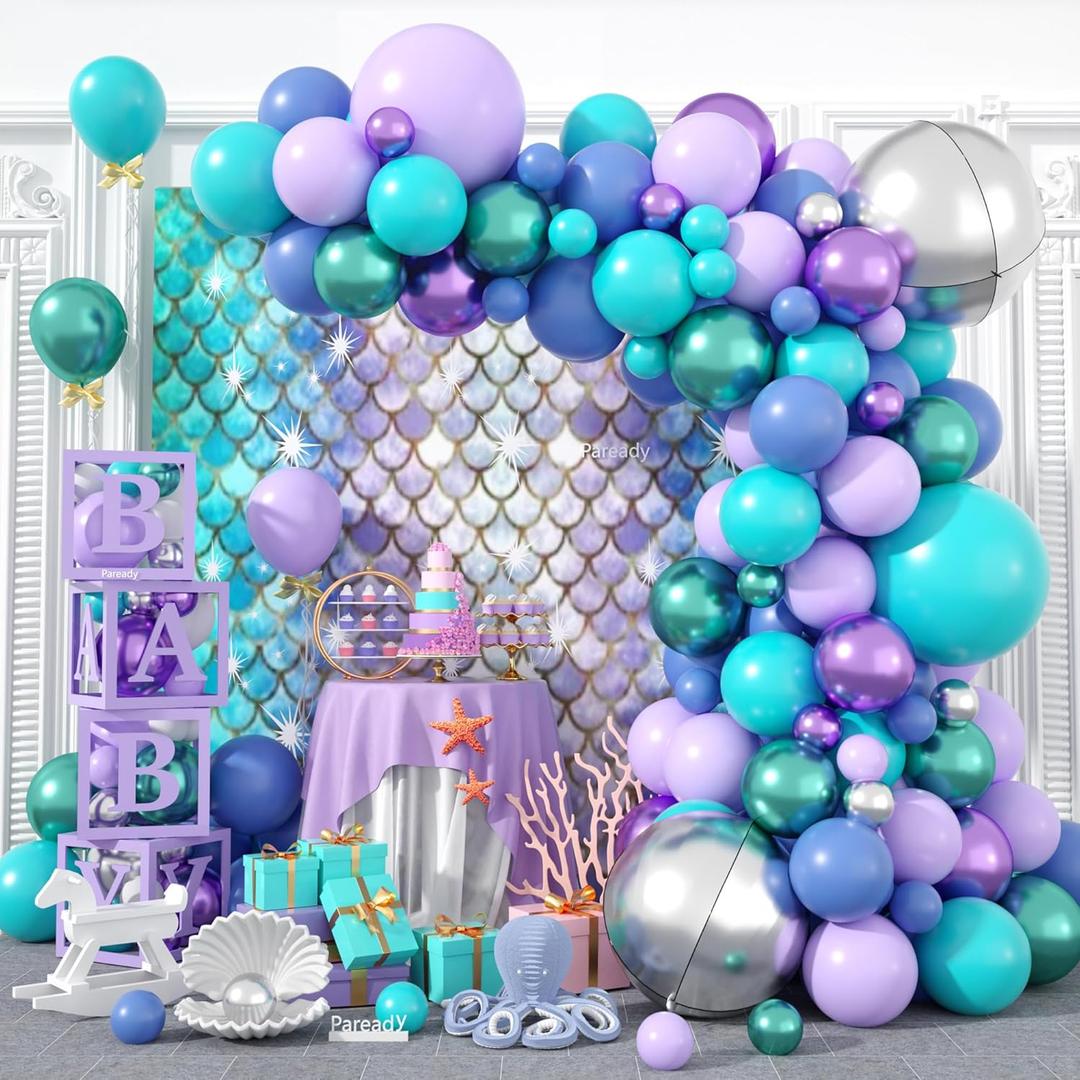 Mermaid Balloon Arch Kit, 120pcs Blue Purple Balloon Garland Arch Kit With Silver 4d Foil Balloons Teal Blue For Mermaid Themed Birthday Party Baby Shower Wedding Bachelorette Anniversary Decoration