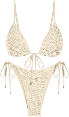 ZAFUL Women Triangle String Two Piece Bikini Fishnet Mesh Tie Shell Decor Tanga 2 Piece Swimsuit, Medium