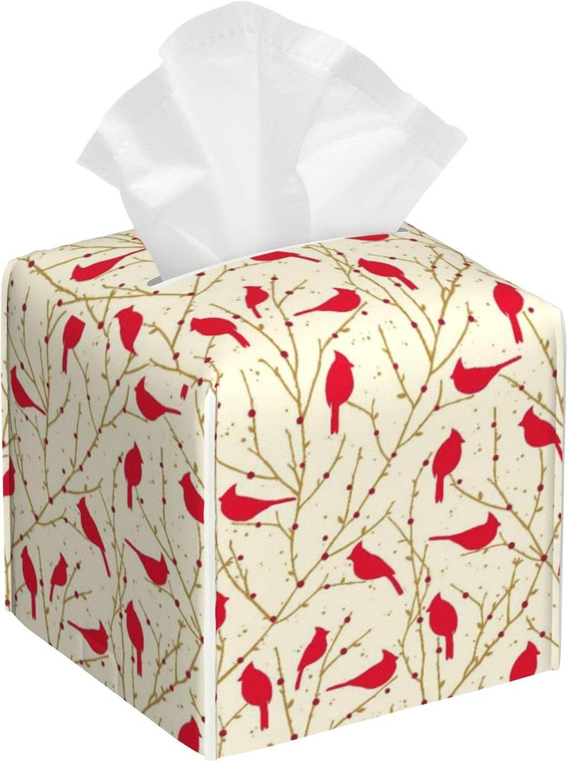 Cardinal Birds on Branches Tissue Box Cover,Red Berries Tissue Box Holder Square with Bottom Belt,Organizer Portable Decorative Facial Paper for Bedroom Dresser Office Desk,5.2" x 5.2" x 5.2"