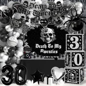 30th Birthday Party Decorations Pack, Death to My 20s Rip 30th Birthday Supplies Including 30th Balloon Boxes Banner Backdrop Tablecloth Rip to My 20s Sash for Funeral Youth Dirty Thirty Party Decor