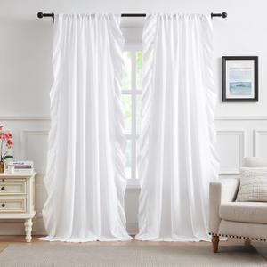 White Ruffle Curtains 96 Inches Long for Bedroom Living Room Rod Pocket Light Filtering Romantic Victorian Ruffle Curtains for Girls Room Basement Window Privacy Rural Decor, 2 Panels, 52x96