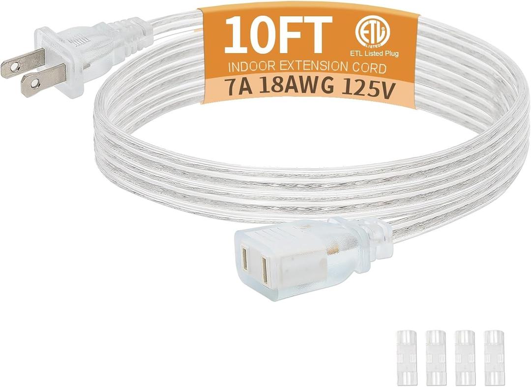 1 Pack Clear Extension Cord, 10 Feet Male to Female Extension Cords, Clear Extension Cord Indoor Thin with UL-Certified, Christmas Thin Extension Cords, 2 Prong, 2 x 18AWG 7A/125V
