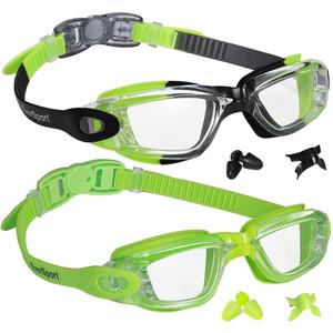 EverSport Kids Swim Goggles, Pack of 2 Swimming Goggles for Children Teens, Anti-Fog Anti-UV Youth Swim Glasses for Age4-16 (Green/Black & Green)