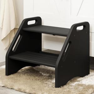 AMBIRD Wooden Step Stool, Two Step Stools 300 lbs Capacity with Safety Non-Slip Pads and Handles, Bamboo Step Stool for Bathroom, Kitchen Dual Height Step Stools for Adults (Black) (13.2'' H)
