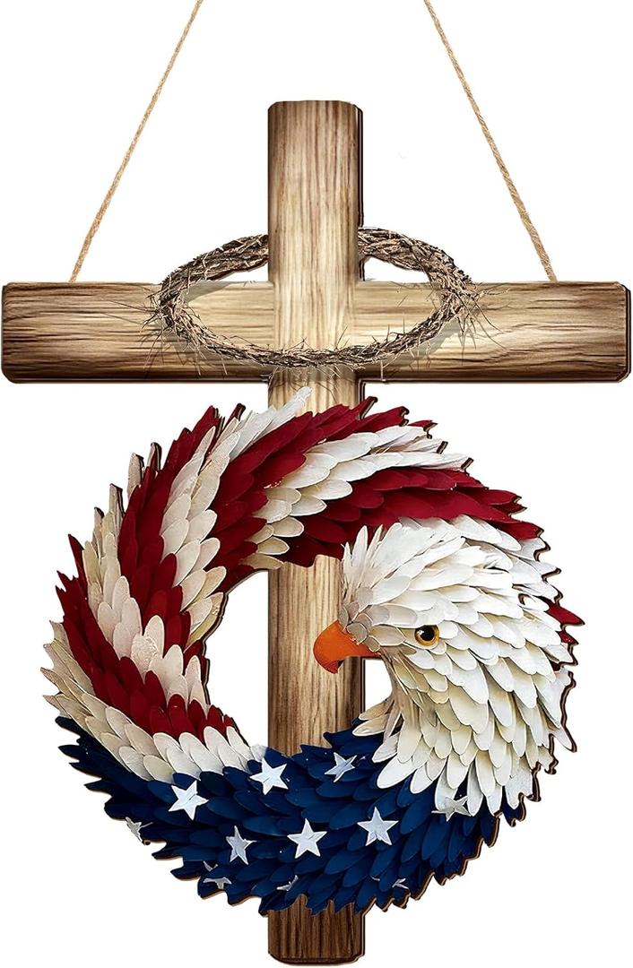 4th of July Patriotic Door Decor Cross Eagle Wreath Red White Blue 250th Anniversary Wreath Wooden Hanging Sign for American Independence Day, Memorial Day.
