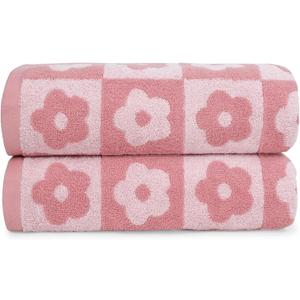 Jacquotha 2-Pieces Luxury Bath Towels Checkered Floral, Pink Towels for Women Girls Shower Body 27.5x55 Inches, Bathroom Decor & Pool Days, Cotton
