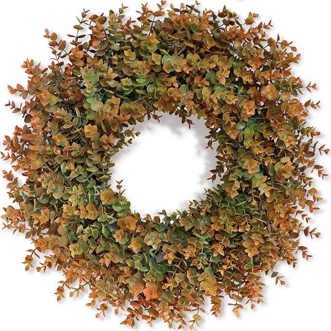 26" Fall Wreath for Front Door, Porch, Window - Large Artificial Eucalyptus Leaves with Fake Silk Flowers Outdoor Wreath Faux Boxwood for Home Farmhouse Harvest Festival Thanksgiving Day Autumn Decor