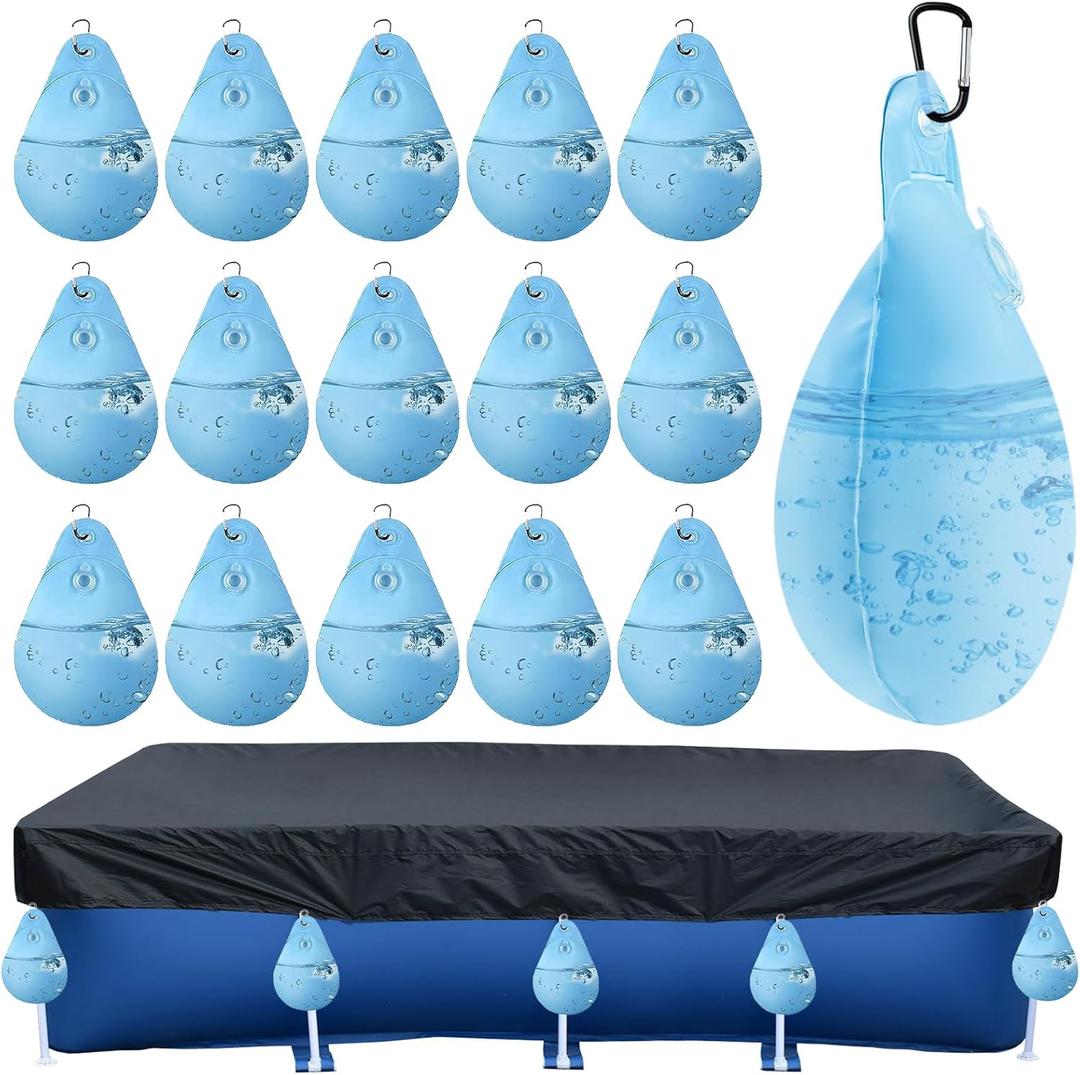 16 Pack Pool Cover Weights with Hooks, Above Ground Pool Cover Weights, Leakproof Swimming Pool Cover Hanging Bag Heavy Duty PVC Pool Water Bags, Antifreezing Winter Pool Cover Weights (Light Blue)