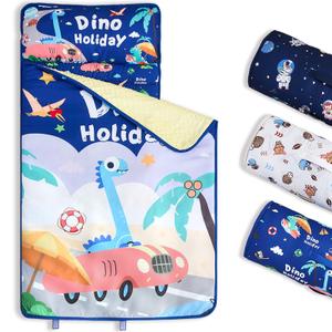 NacoMoco Toddler Nap Mat with Pillow and Blanket - Large Rolled & Ultra Soft Nap Mats for Daycare, Preschool, Kindergarten, Travel (Dino Holiday)