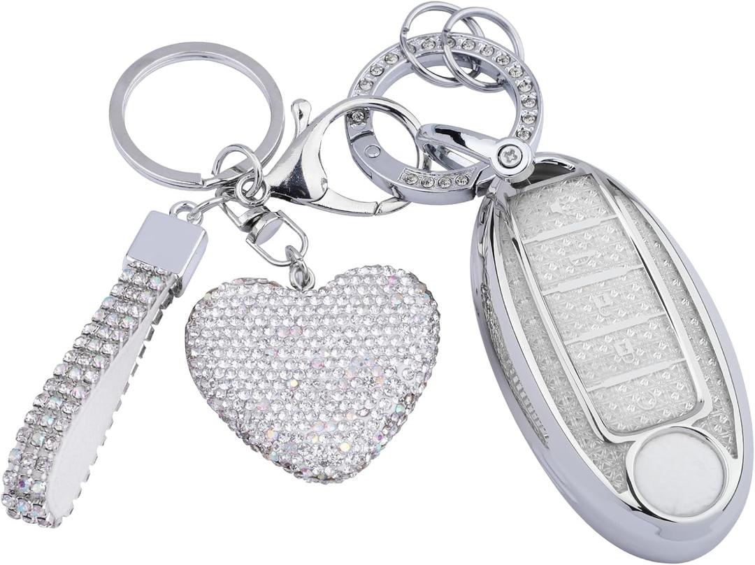 Meruns Compatiable with Nissan 5 Buttons key fob cover with Diamond Bling Keychain, Car Accessories Keys Shell TPU for Altima Sentra Rogue Pathfinder Murano Armada Maxima Versa Smart Key,Silver Clear