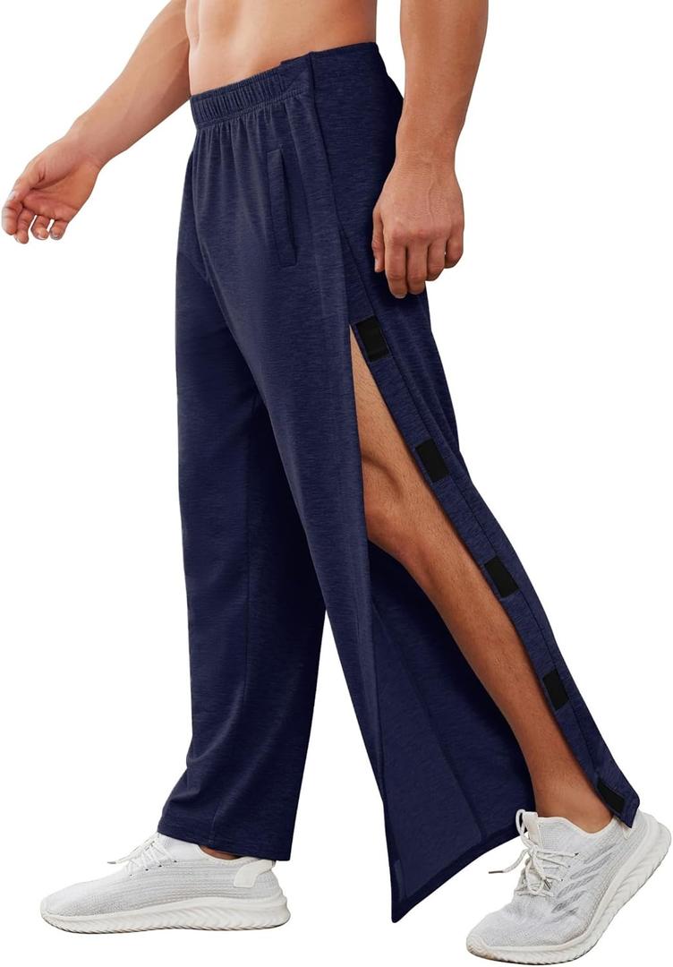 Deyeek Men's Tear Away Pants 2 Side Snap Open Bottom Sweatpants Loose Fit Casual Post Surgery Pants with Pockets (Large, Dark Blue)