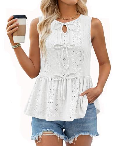 Zanvylia Women Summer Eyelet Peplum Sleeveless Tank Tops Crew Neck Y2K Babydoll Blouse Cute Bow Tie Front Flowy Shirts (US, Alpha, Small, Regular, Regular, White)L