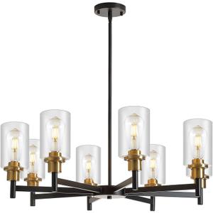 9MMML Farmhouse 8-Light Glass Chandelier, Modern Black and Gold Chandelier for Kitchen Dining Room Light Fixture Over Table, Industrial Chandelier for Living Room, Foyer, Entryway, E26 Bulb Base, 31.5"