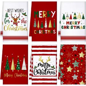 Geyoga 6 Pcs Christmas Kitchen Towels 16 x 24 Inch Vintage Xmas Hand Towels Santa Elk Snowman Decor Candy Dish Towel Absorbent Winter Tea Bedroom Decoration Gifts(Elegant,Joyous) (Vivid)