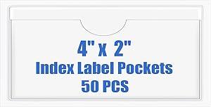 Origin-Joy 50 PCS Self-Adhesive Index Label Pockets, Clear Plastic Peel & Stick Card Holders with Top Open for Loading (4 x 2 inch)