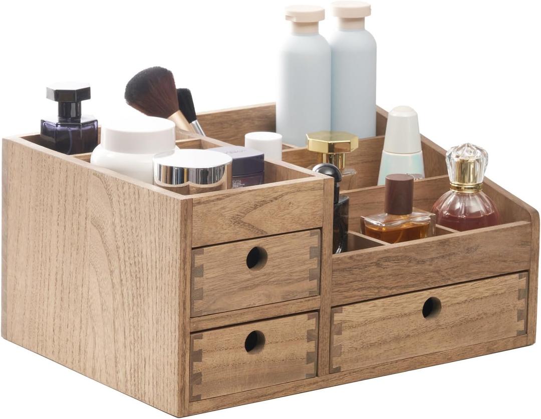 KIRIGEN Wood Makeup Organizer with 3 Drawers, Tabletop Cosmetic Organizer and Jewelry Storage Box, 8 Compartments for Vanity, Dresser, Bathroom Counter, Brown, HZG-DBR