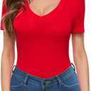 Women V Neck Short Sleeve Tight Fitted Summer Dressy Casual Sexy Cute Tops T Shirts Tee Tshirt Clothes (Red), M