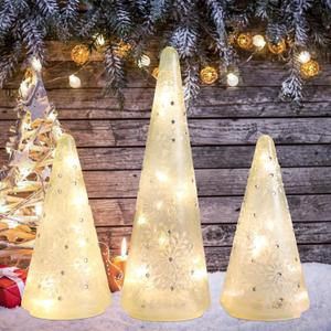 Mercury Glass Christmas Tree Battery Operated Glass Christmas Trees with Timer LED Fairy Lights Lighted Christmas Tabletop Ornaments Mantel Window Home Decor, Set of 3