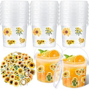 PerKoop 20 Pcs 32 oz Ice Cream Buckets with Lids and Handles Clear Cocktail Rum Buckets with Stickers Plastic Transparent Tub Reusable Food Storage Containers for Parties(Sunflower)